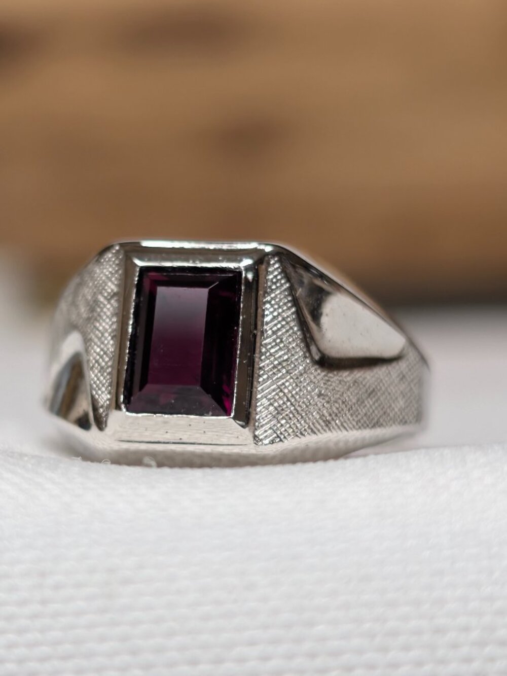 Vintage Estate Emerald Cut Rectangle Ruby Garnet Sterling Silver Ring Size 6.75